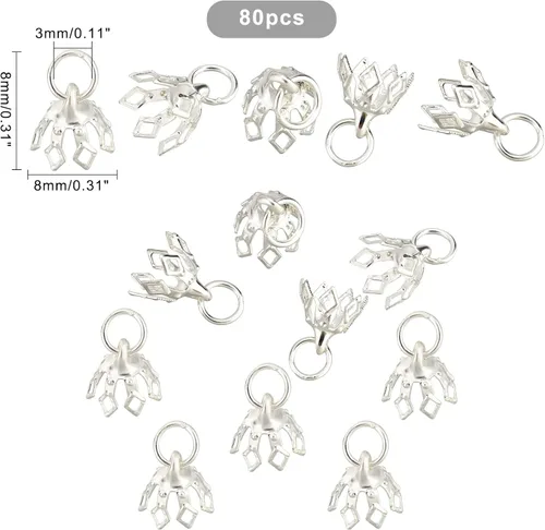 Miniatura 5 de SUPERFINDINGS Tapas de cuentas huecas de flores de latón, tapa de cuentas de latón con dije de filigrana, cuentas espaciadoras para aretes, plateado