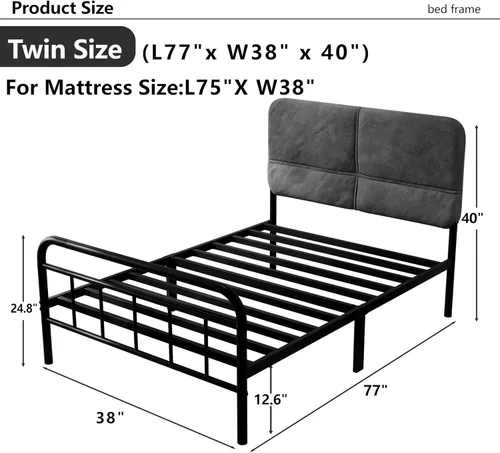 Miniatura 2 de Base de cama metálica de 14 pulgadas, base de cama tamaño individual con cabecero tapizado, base de colchón resistente y de alta capacidad, fácil