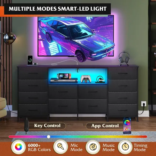 Miniatura 5 de WLIVE Cómoda de 12 cajones para dormitorio, cómoda negra para TV de 65, 70, 75 pulgadas con luz LED y estación de carga, cómoda ancha con estantes