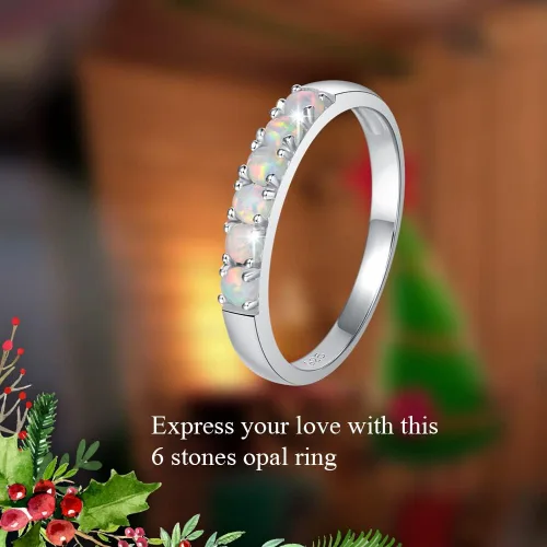 Miniatura 2 de FANCIME - Anillo de plata de ley con 6 piedras de ópalo de fuego, anillo de compromiso, boda, eternidad, anillos de piedra natal de octubre, joyería