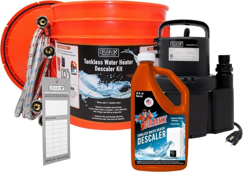 DrainX Kit de lavado de calentador de agua sin tanque con solución descalcificadora líquida ecológica, mangueras de acero, bomba extra fuerte de 1/6
