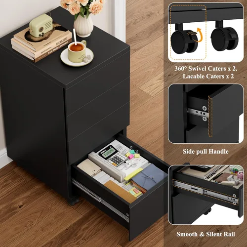 Miniatura 5 de BOTLOG Cajonera de 4 cajones, cajón móvil debajo del escritorio con ruedas con bloqueo, soporte de madera para impresora con ruedas, gabinete