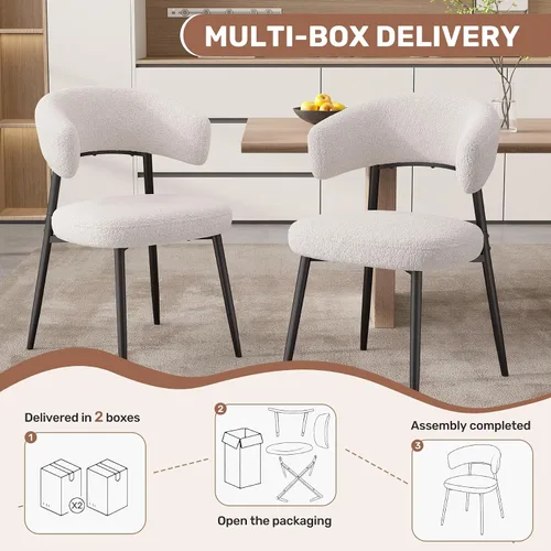 Miniatura 5 de Juego de 2 sillas de comedor, sillas de cocina modernas de mediados de siglo, silla de comedor tapizada Boucle con respaldo curvado y patas de metal