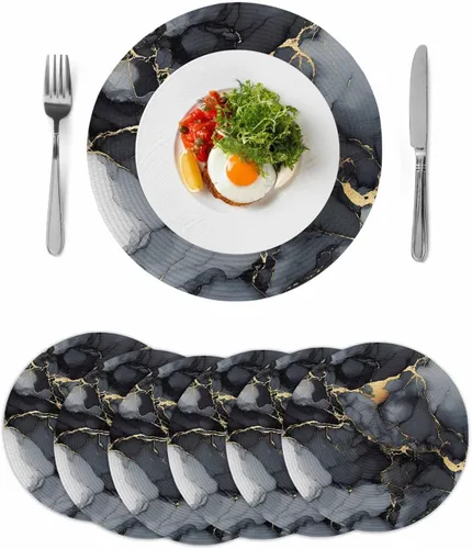 Round Placemats Set of 6 Marble Texture Art Round Braided Placemats Non-Slip Place Mats for Dining Table, Heat-Protective Decorative Table Mats