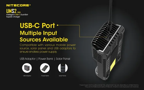 Miniatura 7 de Nitecore UMS2 - Cargador de batería inteligente de doble ranura USB-C rápido para baterías Li-Ion/Ni-MH/Ni-Cd/IMR 16340 14500 18650 21700 20700 AA