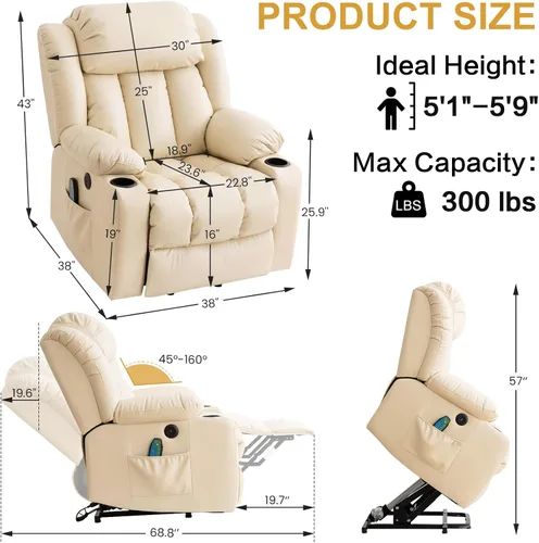 Miniatura 2 de PARKOL Silla reclinable eléctrica para ancianos y personas mayores, sillón reclinable eléctrico de cuero transpirable con masaje por vibración