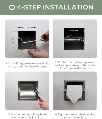 Miniatura 3 de FORIOUS Soporte de papel higiénico empotrado, soporte de rollo de papel higiénico de acero inoxidable duradero de montaje en pared para baño