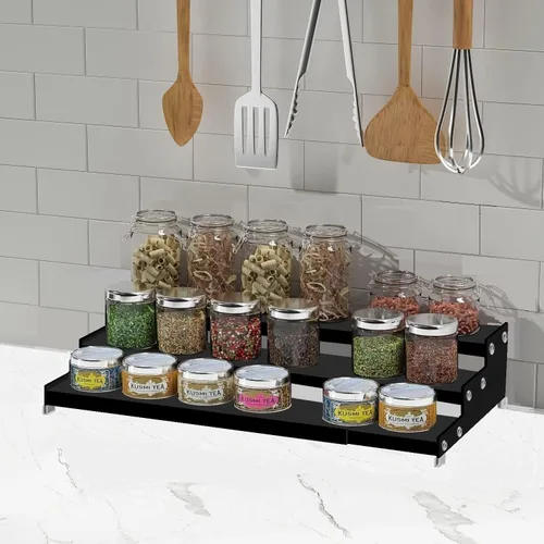 Miniatura 7 de Jojocross Organizador de especias para gabinete, almacenamiento de especias expandible de 3 niveles, ideal para armarios de cocina, armario, Negro