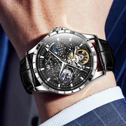 Miniatura 3 de OLEVS Relojes de cuero para hombre, mecánico automático, esqueleto Tourbillon, diamante, de lujo, cuerda automática, relojes de pulsera de vestir