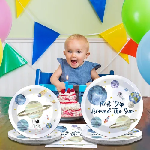 Miniatura 5 de Decoraciones para fiesta de cumpleaños de Primer viaje alrededor del sol, 96 piezas, temática espacio exterior, platos de papel, servilletas