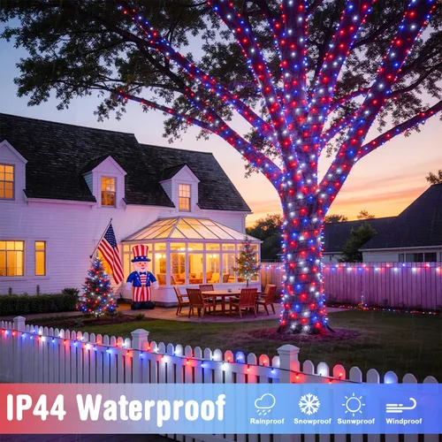 Miniatura 3 de JMEXSUSS 250 luces LED rojas, blancas y azules para decoraciones del 4 de julio, luces patrióticas conectables de 91.5 pies para exteriores
