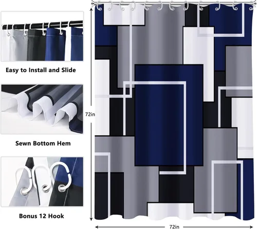 Miniatura 6 de Cortina de ducha azul marino, cortinas de ducha para baño, juegos de cortinas de ducha geométricas modernas de mediados de siglo, cortina de baño