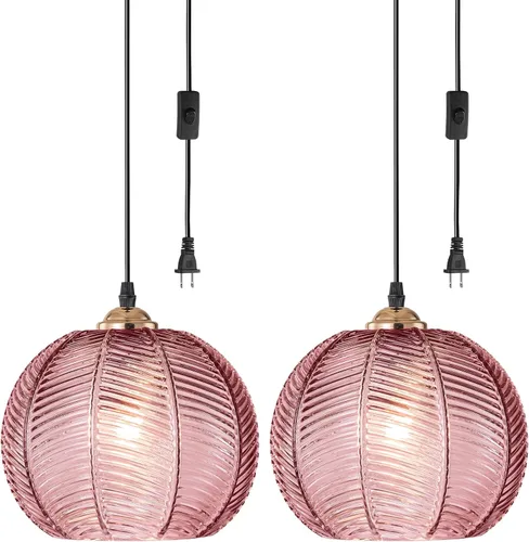 Miniatura 24 de Lámparas colgantes de esquina vintage para sala de estar, lámpara colgante de vidrio acanalado ámbar con cable enchufable, lámpara colgante bohemia