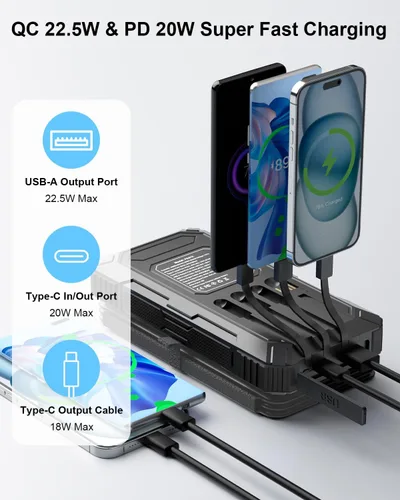 Miniatura 3 de Cargador solar de 49800 mAh con 4 cables integrados y 4 paneles plegables, cargador de teléfono portátil rápido PD22.5W, batería externa