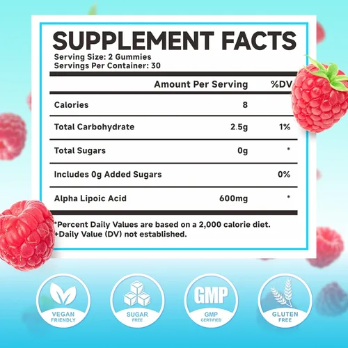 Miniatura 2 de MEENCCD Gomitas de ácido alfa lipoico de 600 mg - Suplemento ALA para apoyo antioxidante, vegano, sin azúcar, sabor frambuesa, 60