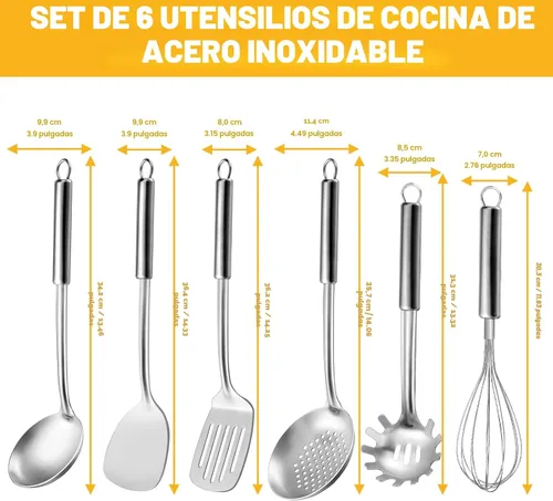 Miniatura 2 de Juego de 6 piezas de utensilios de cocina de acero inoxidable, utensilios de cocina con mango suspendido, espátula, espumadera, cucharón, cuchara