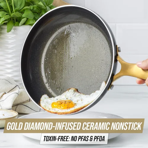 Miniatura 2 de Blue Diamond Gold - Juego de ollas y sartenes de cocina de 10 piezas, apto para inducción, cerámica antiadherente sin PFAS con infusión de diamante