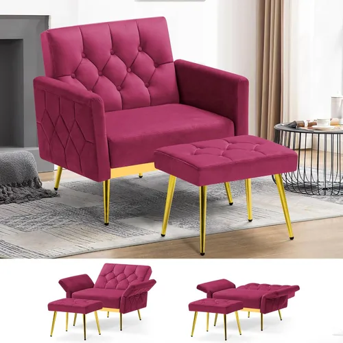 Miniatura 13 de Silla decorativa de terciopelo con reposabrazos y respaldos ajustables, sofá individual copetudo con otomana, silla de lectura tapizada para sala