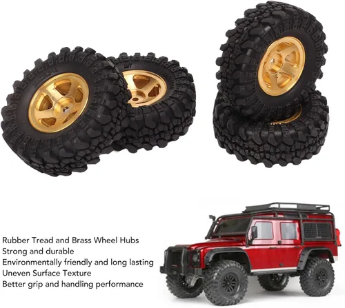 Miniatura 4 de VGEBY Ruedas de coche RC, neumáticos RC de 1 pulgada, cubo de rueda de latón, neumáticos de automóvil RC para FCX24 118 124 Crawler 4 piezas (dorado)
