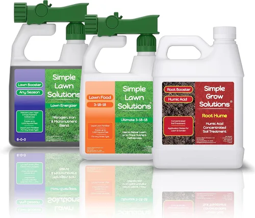 Simple Lawn Fertilizante 3 en 1: Alto fósforo/potasio, ácido húmico, nitrógeno y hierro para un césped más verde, botellas de 32 onzas