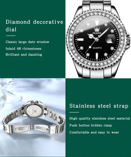 Miniatura 5 de OLEVS Reloj de pulsera para mujer, elegante, con diamantes, analógico, de cuarzo, de dos tonos, de acero inoxidable, impermeable, luminoso, regalo
