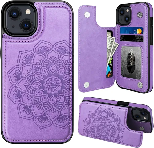 Miniatura 18 de MMHUO Funda para iPhone 14 con tarjetero y parte trasera magnética de flores para iPhone 14, funda protectora para iPhone 14, color oro rosa