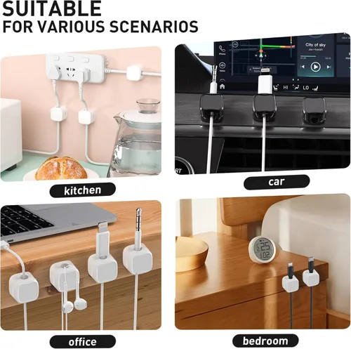 Miniatura 5 de Paquete de 12 clips para cables, organizador de cables, soporte de cable para mesita de noche, organizador de cables magnético, soporte de cable