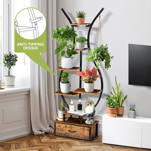 Miniatura 5 de Soporte para plantas de interior de 7 niveles con ganchos y cajón para colgar, soporte de esquina en forma de jarrón de 68.1 pulgadas de alto