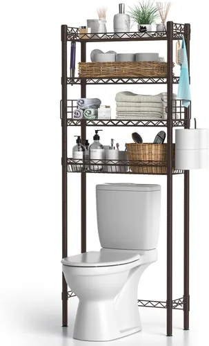 Miniatura 10 de Hodonas Estante de almacenamiento sobre el inodoro, organizador de baño ajustable con soporte para papel higiénico y 8 ganchos, 3 niveles de metal