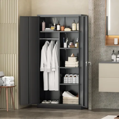 Miniatura 2 de INTERGREAT Armarios de metal con cerradura, armarios de almacenamiento de ropa de 72 pulgadas con barra para colgar y 4 estantes ajustables, armario
