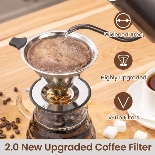 Miniatura 4 de 【2.0 mejorado】Gotero de café reutilizable de acero inoxidable con base antideslizante y asa, cafetera sin papel (plateado)
