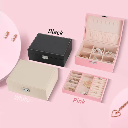 Miniatura 6 de Smileshe Joyero para mujeres y niñas, organizador de piel sintética con cerradura, 2 capas extraíbles de almacenamiento de viaje para anillos