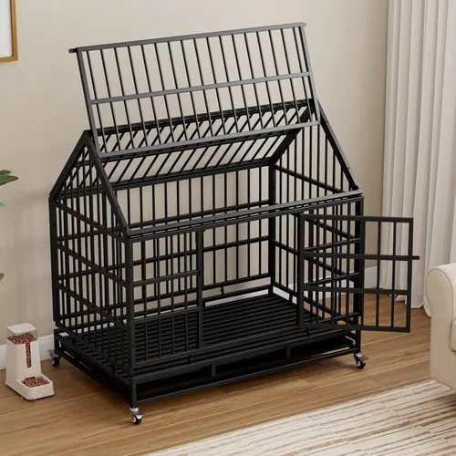 Miniatura 13 de Jaula plegable indestructible para perros con ruedas, jaula de metal resistente a prueba de escapes de 48 pulgadas para perros grandes y medianos