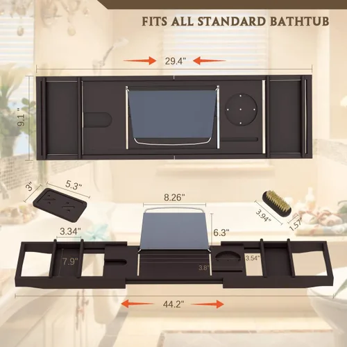Miniatura 6 de Bandeja de bañera para baño de lujo, mesa de baño expandible de bambú impermeable sobre la bañera con soporte para vino y libros y jabonera gratis