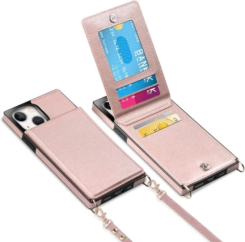Vofolen Funda tipo cartera para iPhone 15 con tarjetero y correa de muñeca cruzada, cierre magnético de cuero duradero, función atril, funda Oro rosa