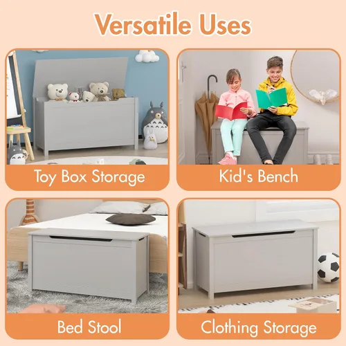 Miniatura 8 de Cofre de juguetes de madera, caja de juguetes para niños, muebles para sala de juegos, banco con tapa con bisagras de seguridad, organizador de Gris