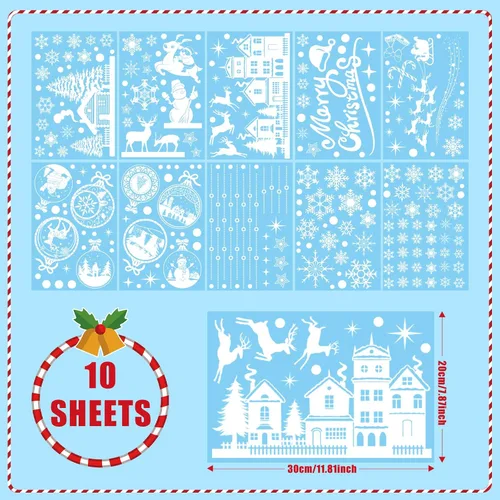 Miniatura 7 de Enwokran Calcomanías blancas para ventana de Navidad, 10 hojas, 245 unidades, calcomanías reutilizables de doble cara impresas autoadhesivas