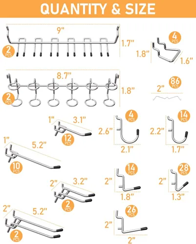 Miniatura 5 de INCLY Juego de Ganchos para Tablero de Clavijas de 1/4 Pulgadas para Colgar, 206 Piezas de Ganchos y Colgadores de Tablero de Clavijas de Alta