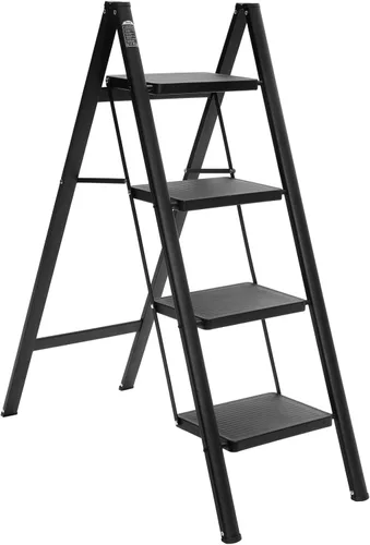 Miniatura 8 de BOCOM Escalera de 3 escalones, taburete plegable ligero y portátil de metal de hierro resistente con pedal ancho antideslizante, capacidad de carga