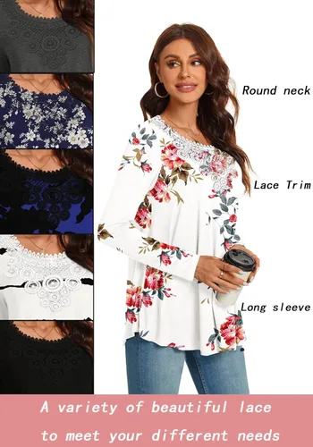 Miniatura 5 de CATHY Women Tunic Tops Long Sleeve Fall Casual Fashion Crochet Lace T-shirt Pleated Fit Blouses