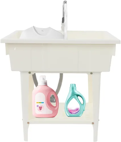 Miniatura 9 de Fregadero de plástico independiente con tabla de lavar y grifo de agua fría caliente giratorio de 360 °, lavabo de lavandería para lavadero, Gris