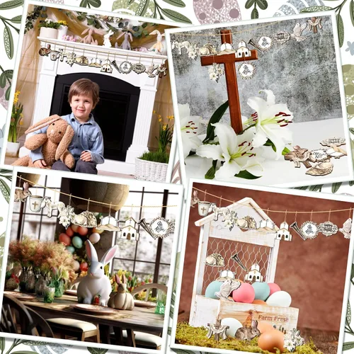 Miniatura 5 de 36 piezas de adornos de Pascua para árbol de Pascua, cesta colgante de flores de conejo, decoración colgante de conejito de madera, adornos