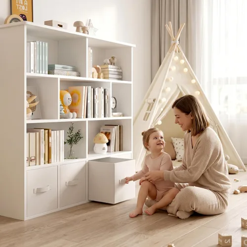 Miniatura 2 de EROMMY Organizador de almacenamiento de juguetes de 47 pulgadas de alto y estantería, almacenamiento grande de juguetes con 7 cubos de Blanco