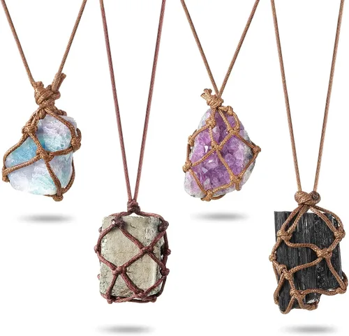 Hicarer 4 collares de cristal, collar de turmalina negro natural, collar con colgante de piedra de cristal, amatista fluorita pirita con cuerda