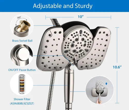 Miniatura 5 de INAVAMZ - Cabezal de ducha tipo lluvia y ducha de mano,10 pulgadas, níquel, presión 2.5 GPM, 10 ajustes de rociador, desmontable, interruptor
