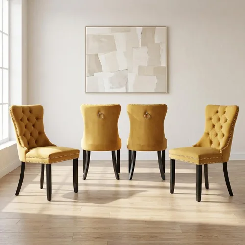 Miniatura 77 de OVENTA Juego de 4 sillas de comedor modernas tapizadas copetudas, terciopelo negro y gris y cuero con patas de madera maciza, sillas de cocina