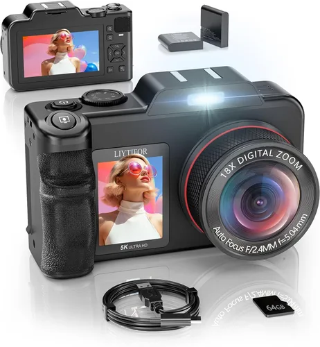 Cámara digital 5K para fotografía, 80 megapíxeles con pantalla dual de 3.5"+2" para autoencuadre, zoom 18X, cámara de videoblogs con enfoque