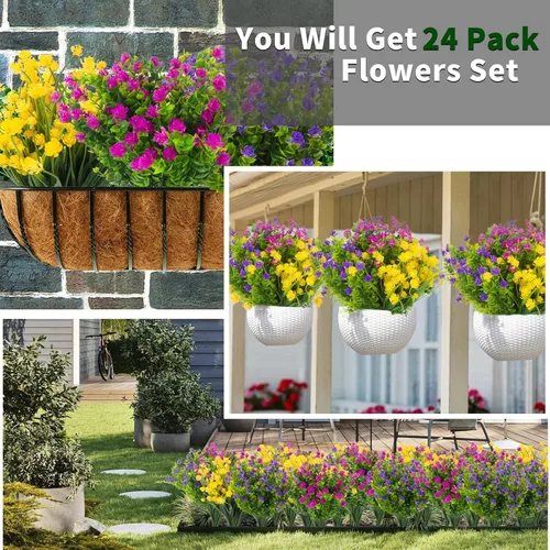 Miniatura 6 de 20 paquetes de flores artificiales para exteriores, resistentes a los rayos UV, no se decoloran, plantas verdes de plástico sintético para jardín