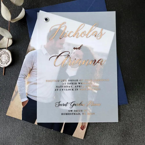 Miniatura 4 de Invitaciones de boda elegantes de Vellum con lámina dorada e imagen, invitación personalizada en oro, plata, oro rosa, invitaciones con foto