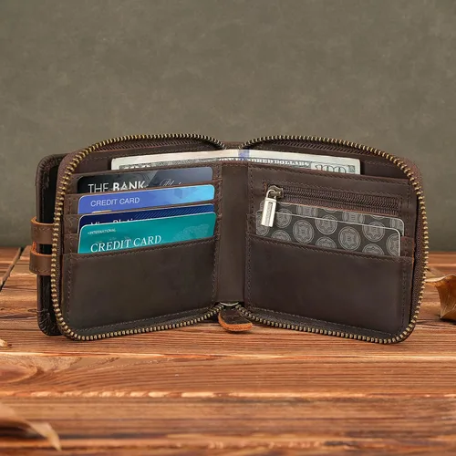 Miniatura 9 de Polare - Cartera plegable de cuero de grano completo para hombre, con bloqueo RFID, ranura para AirTag y bolsillo YKK con cremallera para monedas